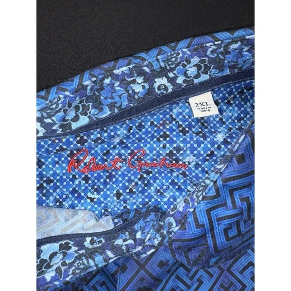 Robert Graham Skull Print Button Up Mens Sz 2XL Blue Purple Cotton Flip Cuff - Picture 4 of 12